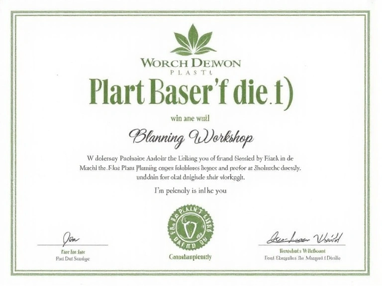 Certyfikat z warsztatów planowania diet roślinnych, z graficznym motywem roślinnym, bez widocznych danych osobowych.