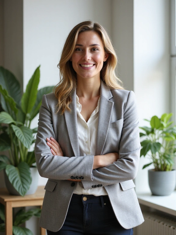 Portret uśmiechniętej dietetyczki w profesjonalnym stroju, stojącej w jasnym, nowoczesnym gabinecie z zielonymi roślinami w tle.