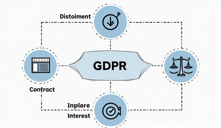 Diagram przedstawiający podstawy prawne RODO, z ikonami symbolizującymi zgodę, umowę, obowiązek prawny i uzasadniony interes.